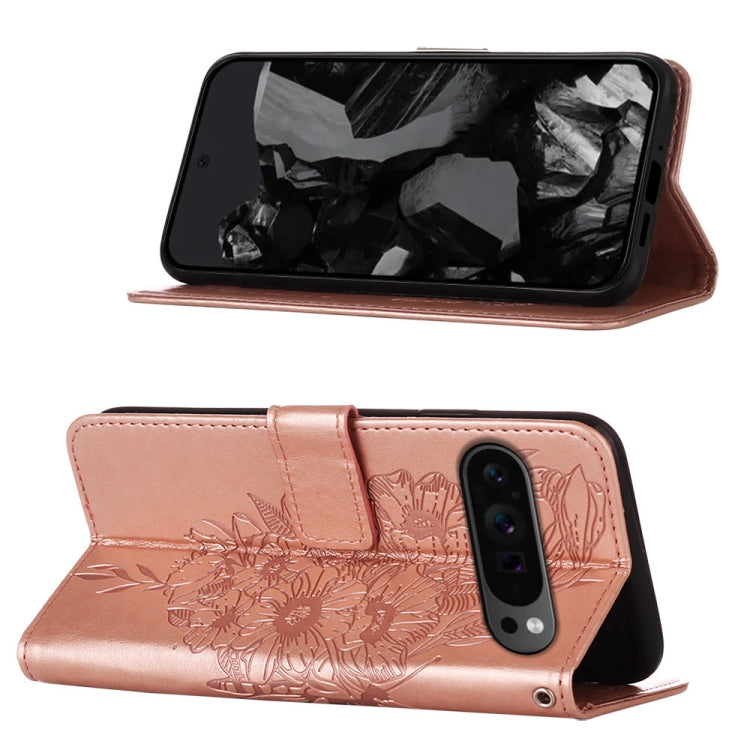 For Google Pixel 9 Pro Embossed Butterfly Leather Phone Case(Rose Gold)
