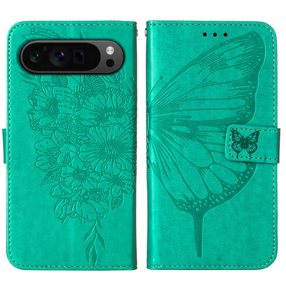 For Google Pixel 9 Pro Embossed Butterfly Leather Phone Case(Green)