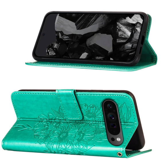 For Google Pixel 9 Pro Embossed Butterfly Leather Phone Case(Green)