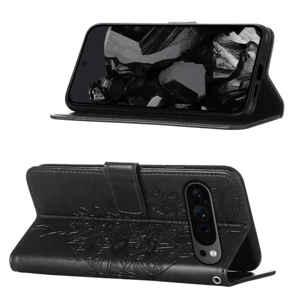 For Google Pixel 9 Pro Embossed Butterfly Leather Phone Case(Black)