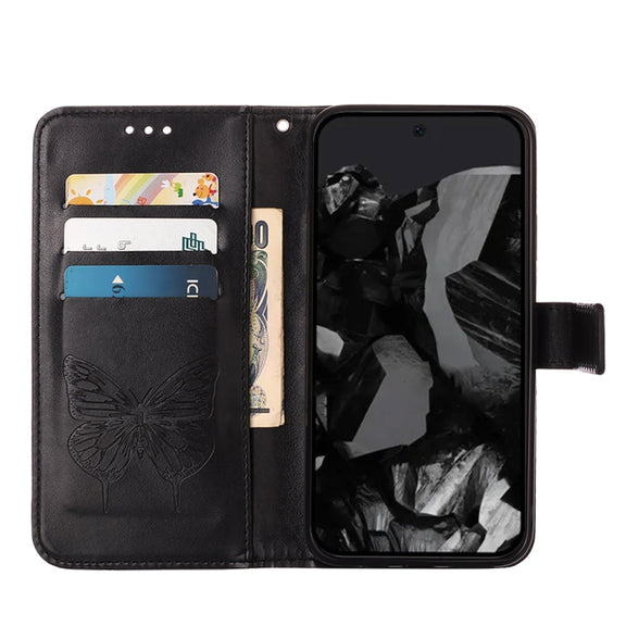 For Google Pixel 9 Pro Embossed Butterfly Leather Phone Case(Black)