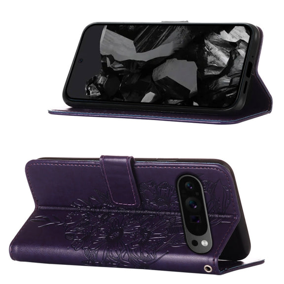 For Google Pixel 9 Pro Embossed Butterfly Leather Phone Case(Dark Purple)