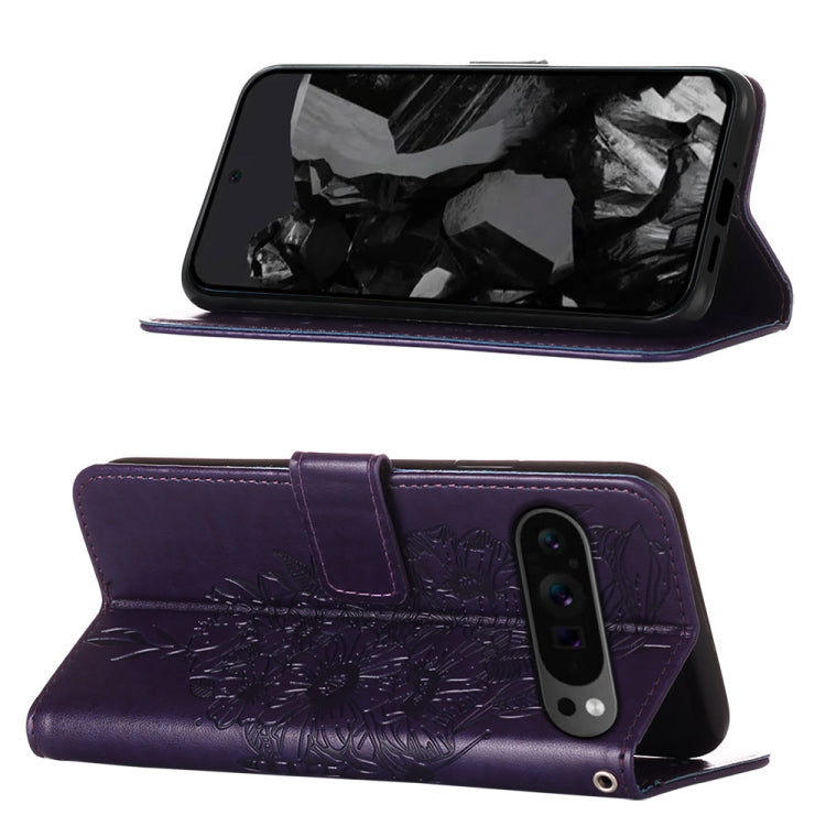 For Google Pixel 9 Pro Embossed Butterfly Leather Phone Case(Dark Purple)