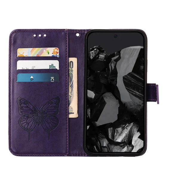 For Google Pixel 9 Pro Embossed Butterfly Leather Phone Case(Dark Purple)