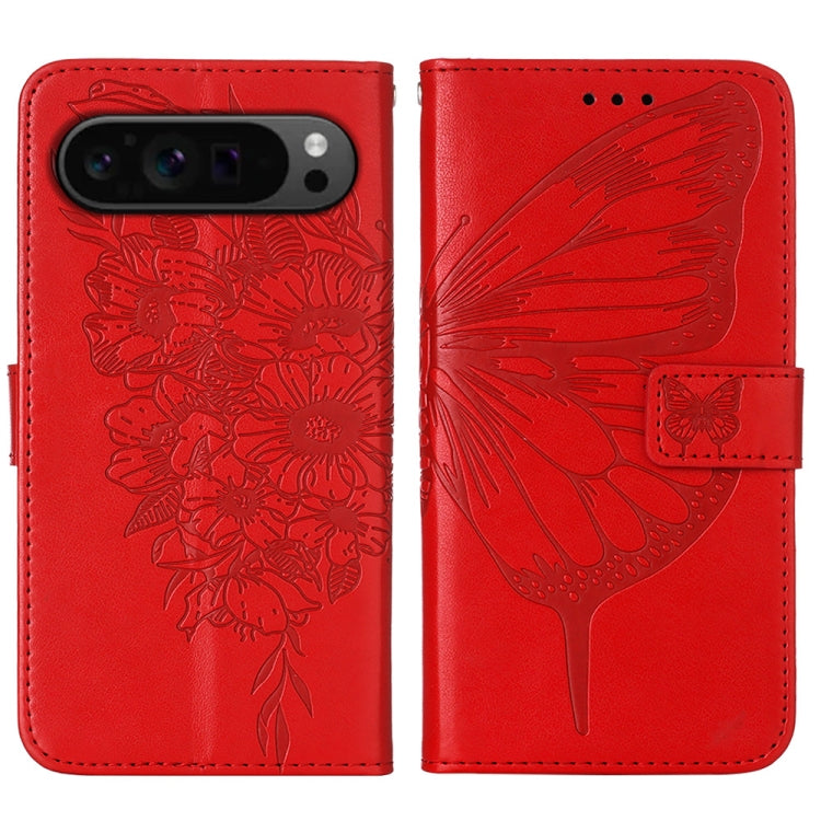 For Google Pixel 9 Pro Embossed Butterfly Leather Phone Case(Red)
