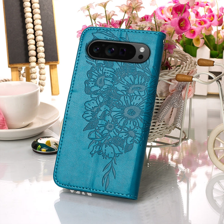 For Google Pixel 9 Pro Embossed Butterfly Leather Phone Case(Blue)