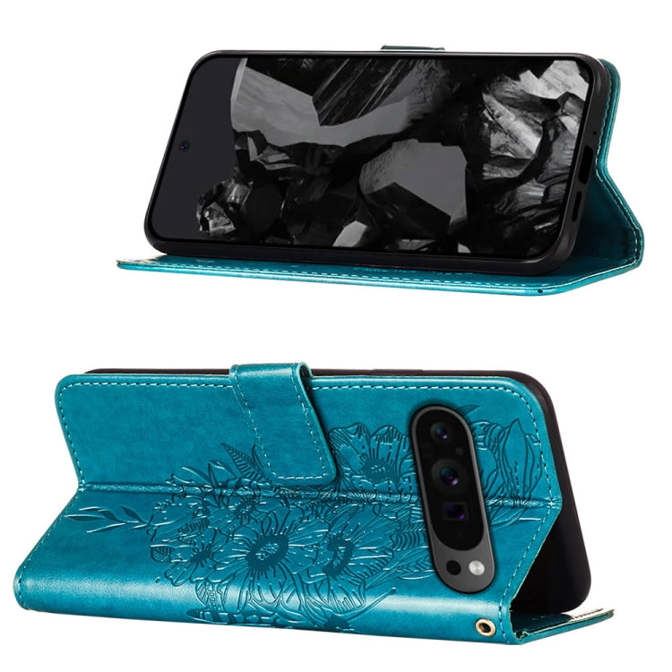 For Google Pixel 9 Pro Embossed Butterfly Leather Phone Case(Blue)