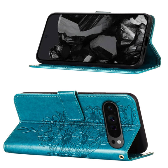 For Google Pixel 9 Pro Embossed Butterfly Leather Phone Case(Blue)