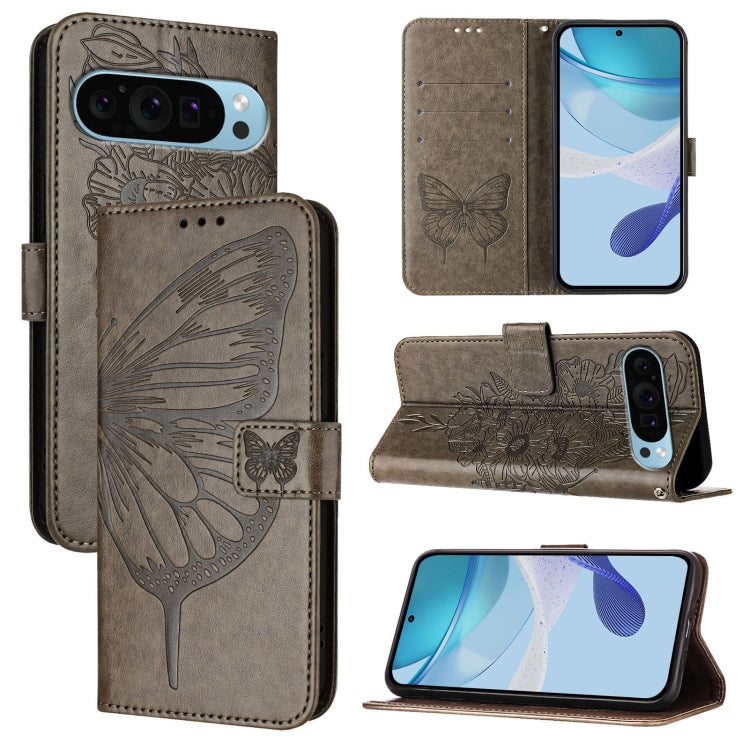 For Google Pixel 9 Pro XL Embossed Butterfly Leather Phone Case(Grey)