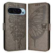 For Google Pixel 9 Pro XL Embossed Butterfly Leather Phone Case(Grey)