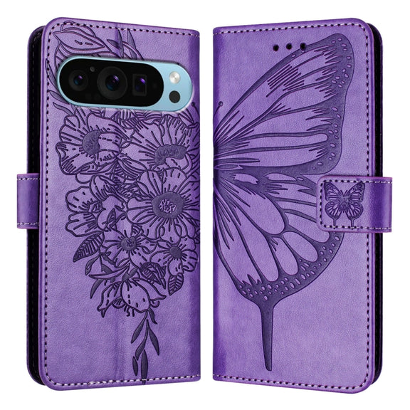 For Google Pixel 9 Pro XL Embossed Butterfly Leather Phone Case(Purple)