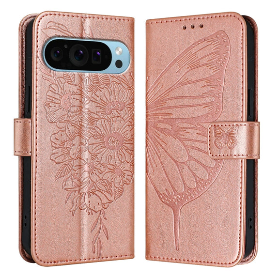 For Google Pixel 9 Pro XL Embossed Butterfly Leather Phone Case(Rose Gold)