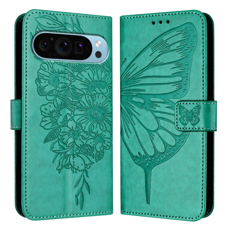 For Google Pixel 9 Pro XL Embossed Butterfly Leather Phone Case(Green)