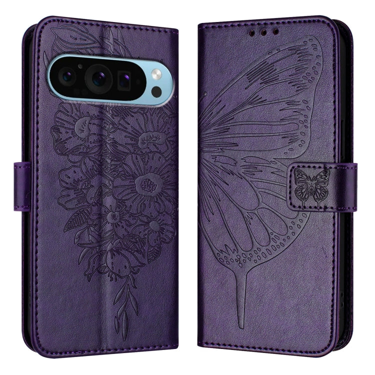 For Google Pixel 9 Pro XL Embossed Butterfly Leather Phone Case(Dark Purple)