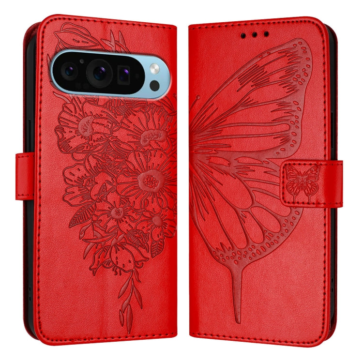 For Google Pixel 9 Pro XL Embossed Butterfly Leather Phone Case(Red)