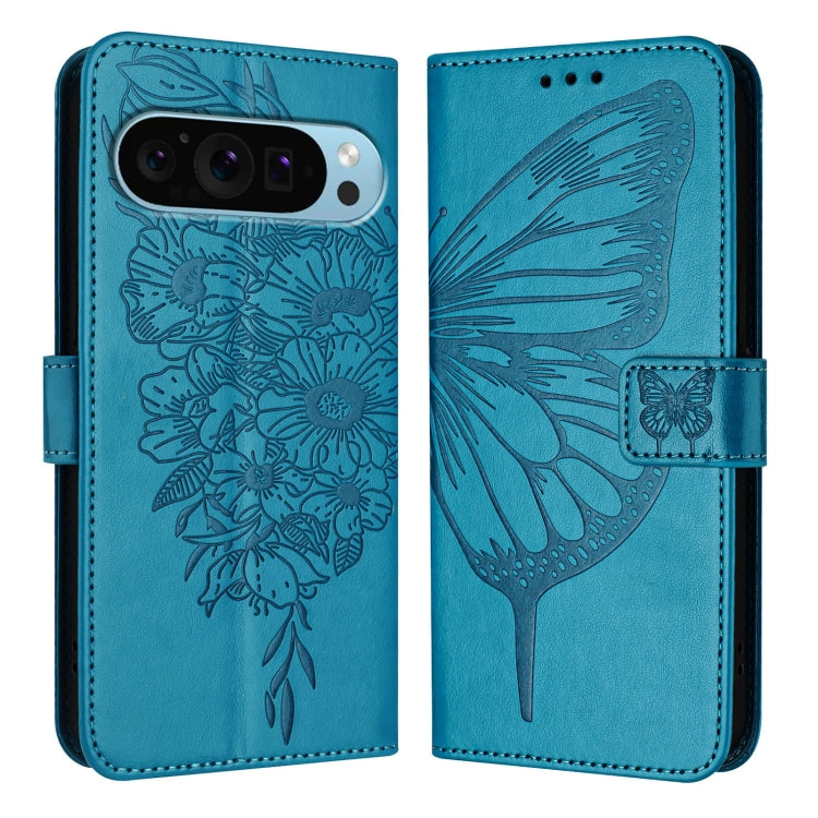 For Google Pixel 9 Pro XL Embossed Butterfly Leather Phone Case(Blue)