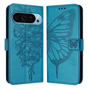 For Google Pixel 9 Pro XL Embossed Butterfly Leather Phone Case(Blue)