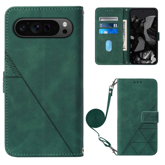 For Google Pixel 9 Pro Crossbody 3D Embossed Flip Leather Phone Case(Dark Green)