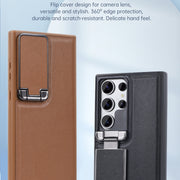 For Samsung Galaxy S24 Ultra 5G Lens Flip Cover All-inclusive Phone Case with Holder(Brown)