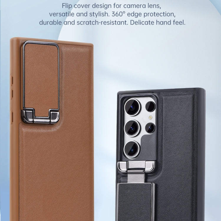 For Samsung Galaxy S24 Ultra 5G Lens Flip Cover All-inclusive Phone Case with Holder(Brown)
