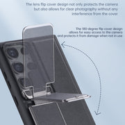 For Samsung Galaxy S24 Ultra 5G Lens Flip Cover All-inclusive Phone Case with Holder(Brown)