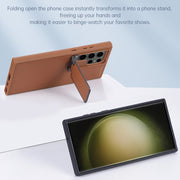 For Samsung Galaxy S24 Ultra 5G Lens Flip Cover All-inclusive Phone Case with Holder(Brown)
