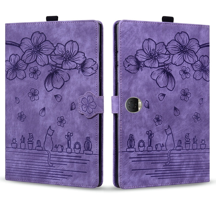 For Honor Pad 9 Cartoon Sakura Cat Embossed Leather Tablet Case(Purple)