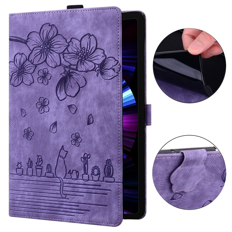 For Honor Pad 9 Cartoon Sakura Cat Embossed Leather Tablet Case(Purple)