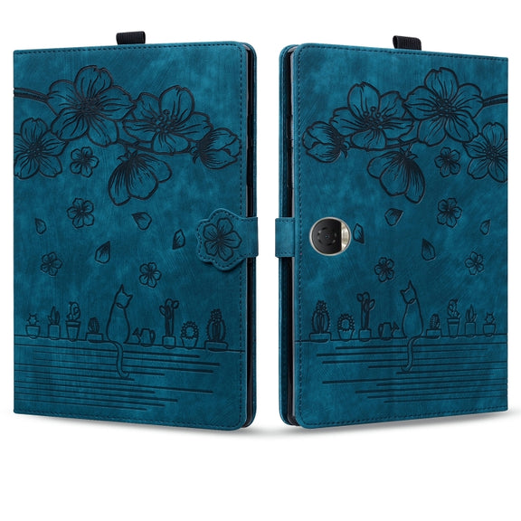 For Honor Pad 9 Cartoon Sakura Cat Embossed Leather Tablet Case(Blue)
