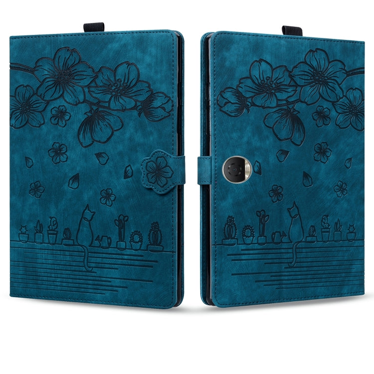 For Honor Pad 9 Cartoon Sakura Cat Embossed Leather Tablet Case(Blue)
