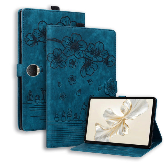 For Honor Pad 9 Cartoon Sakura Cat Embossed Leather Tablet Case(Blue)