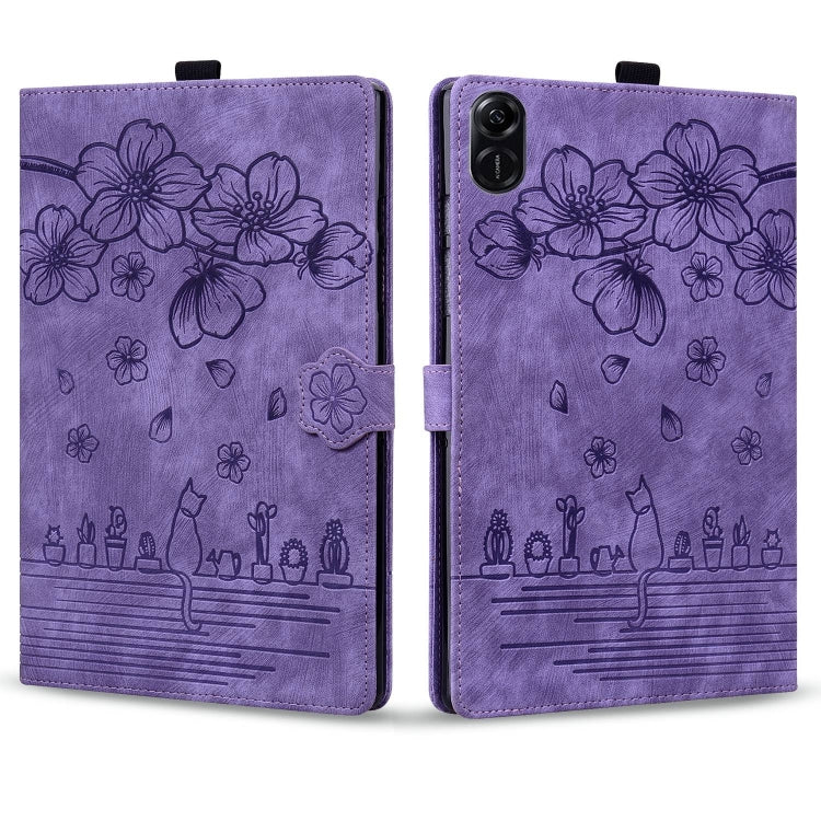 For Honor Pad X8a Cartoon Sakura Cat Embossed Leather Tablet Case(Purple)