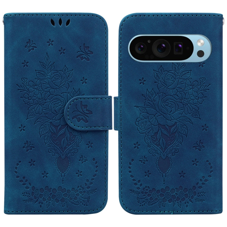 For Google Pixel 9 Pro Butterfly Rose Embossed Leather Phone Case(Blue)