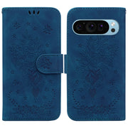 For Google Pixel 9 Pro Butterfly Rose Embossed Leather Phone Case(Blue)