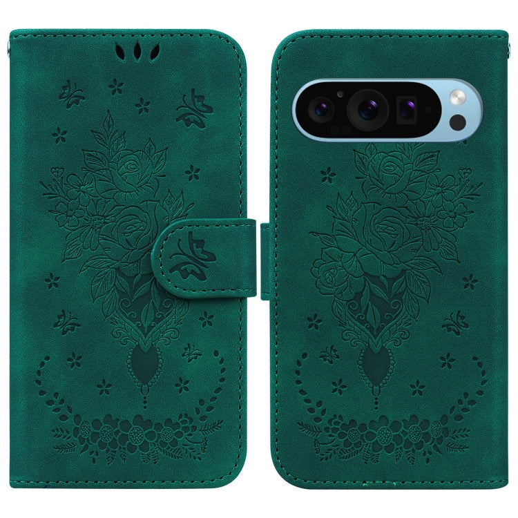 For Google Pixel 9 Pro Butterfly Rose Embossed Leather Phone Case(Green)