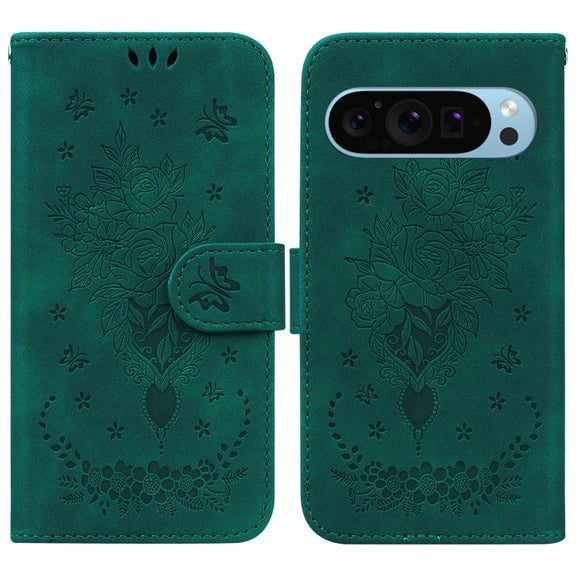 For Google Pixel 9 Pro Butterfly Rose Embossed Leather Phone Case(Green)