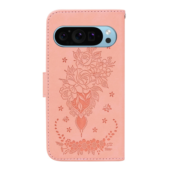 For Google Pixel 9 Pro Butterfly Rose Embossed Leather Phone Case(Pink)