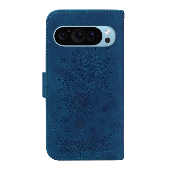 For Google Pixel 9 Butterfly Rose Embossed Leather Phone Case(Blue)