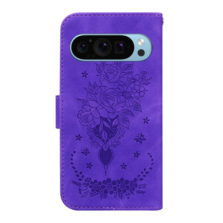 For Google Pixel 9 Butterfly Rose Embossed Leather Phone Case(Purple)