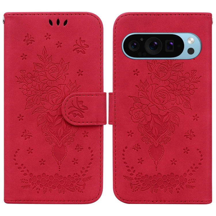For Google Pixel 9 Butterfly Rose Embossed Leather Phone Case(Red)