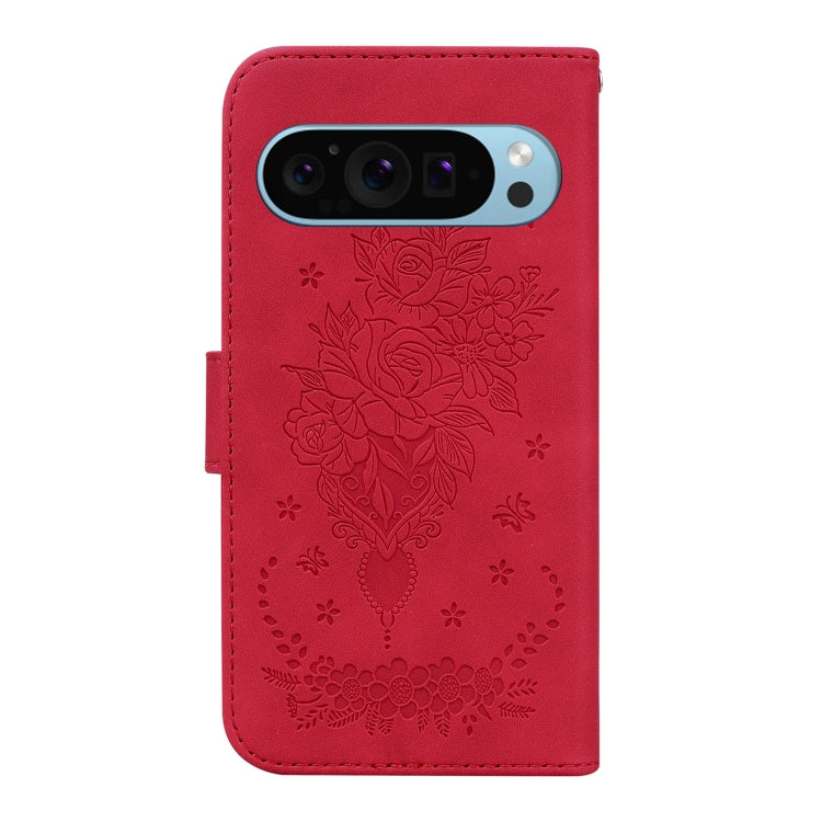 For Google Pixel 9 Butterfly Rose Embossed Leather Phone Case(Red)