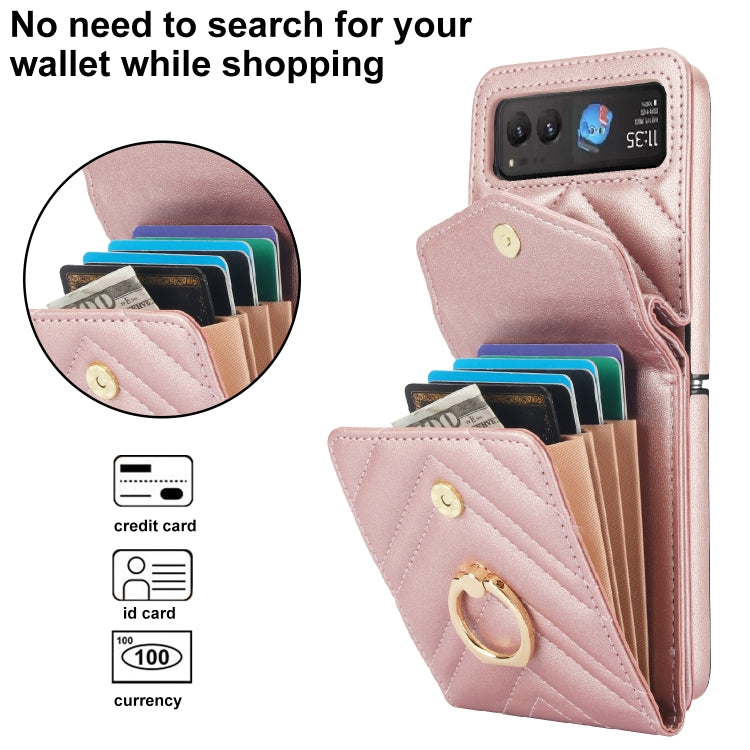 For Motorola Razr 40 V-shaped RFID Card Slot Phone Case with Ring Holder(Rose Gold)