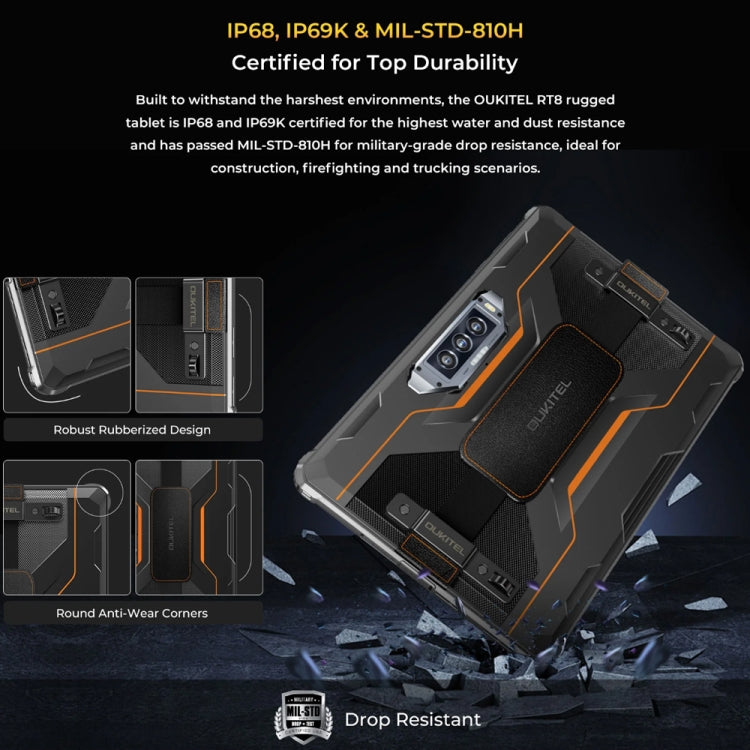 OUKITEL RT8 4G Network IP68/IP69K Rugged Tablet, 6GB+256GB, 11 inch Android 13 MediaTek Helio G99 Quad Core Support Dual SIM, EU Plug(Black)
