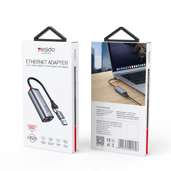 Yesido HB26 2 in 1 USB+USB-C/Type-C to Ethernet Adapter(Grey)