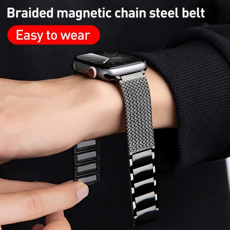 For Apple Watch SE 44mm Magnetic Clasp Braided Chain Stainless Steel Watch Band(Black)