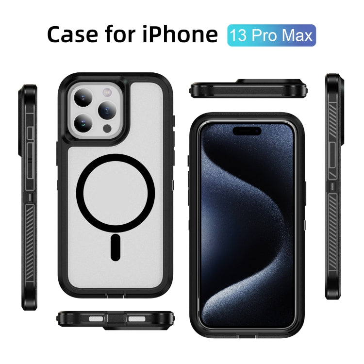 For iPhone 13 Pro Max Guard Magsafe Magnetic Ring Matte Phone Case(Black+Transparent)