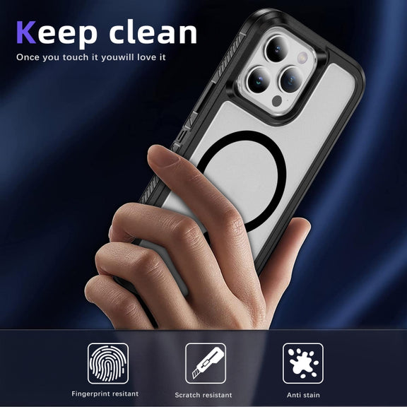 For iPhone 13 Pro Max Guard Magsafe Magnetic Ring Matte Phone Case(Black+Transparent)