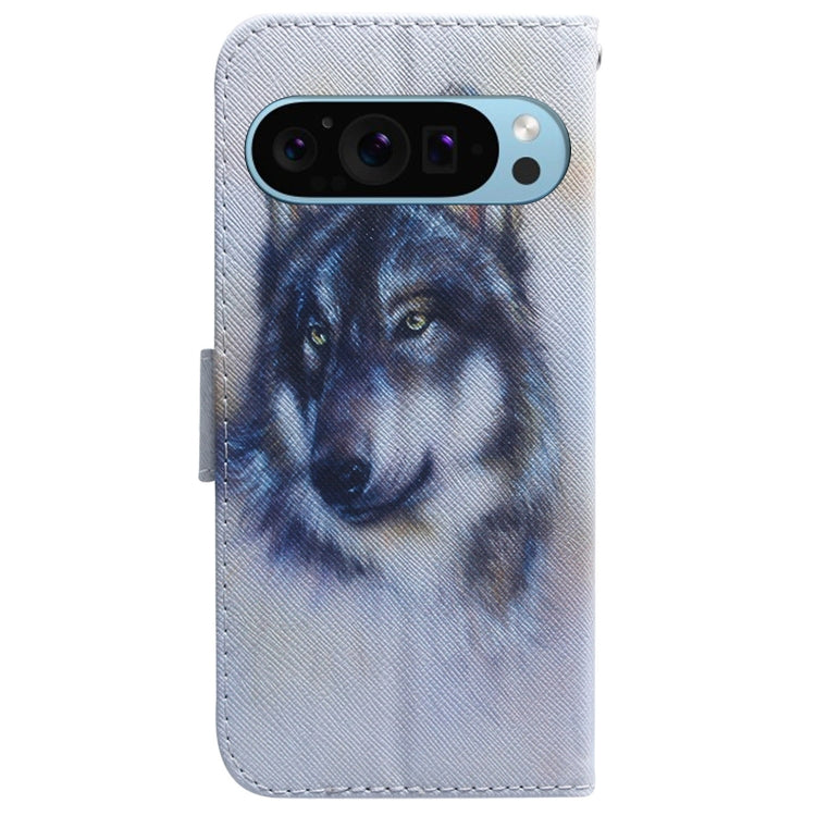 For Google Pixel 9 Coloured Drawing Flip Leather Phone Case(White Wolf)