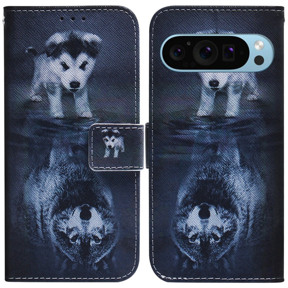 For Google Pixel 9 Coloured Drawing Flip Leather Phone Case(Wolf and Dog)