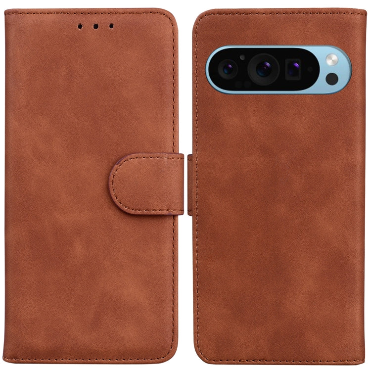 For Google Pixel 9 Skin Feel Pure Color Flip Leather Phone Case(Brown)